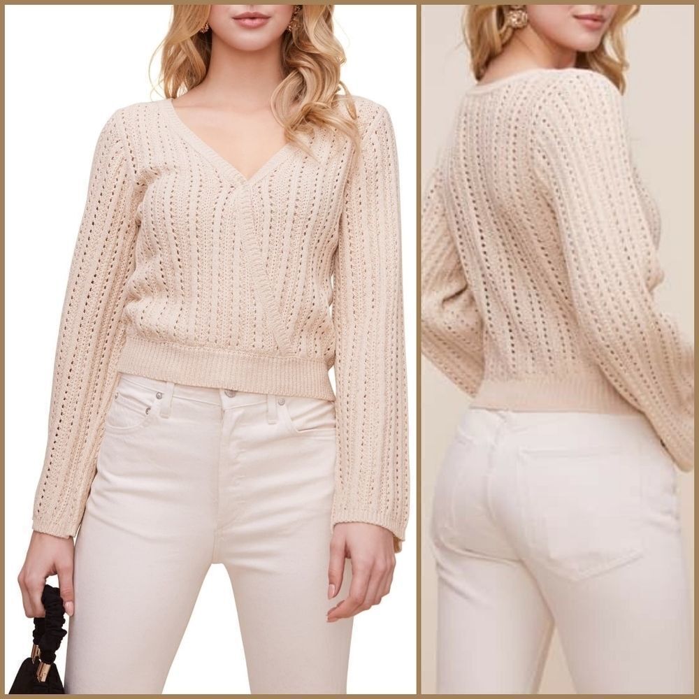 ASTR Pointelle Wrap Front Bell Sleeve Sweater